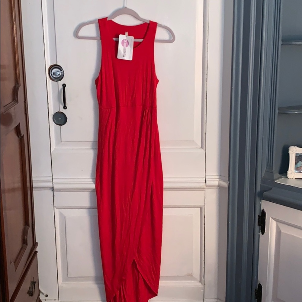 Red asymmetrical maxi dress